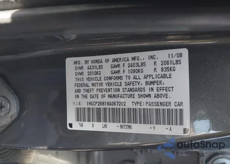 2009 Honda Accord 2.4 Ex-L z USA, uszkodzony, nr VIN 1HGCP26819A067202
